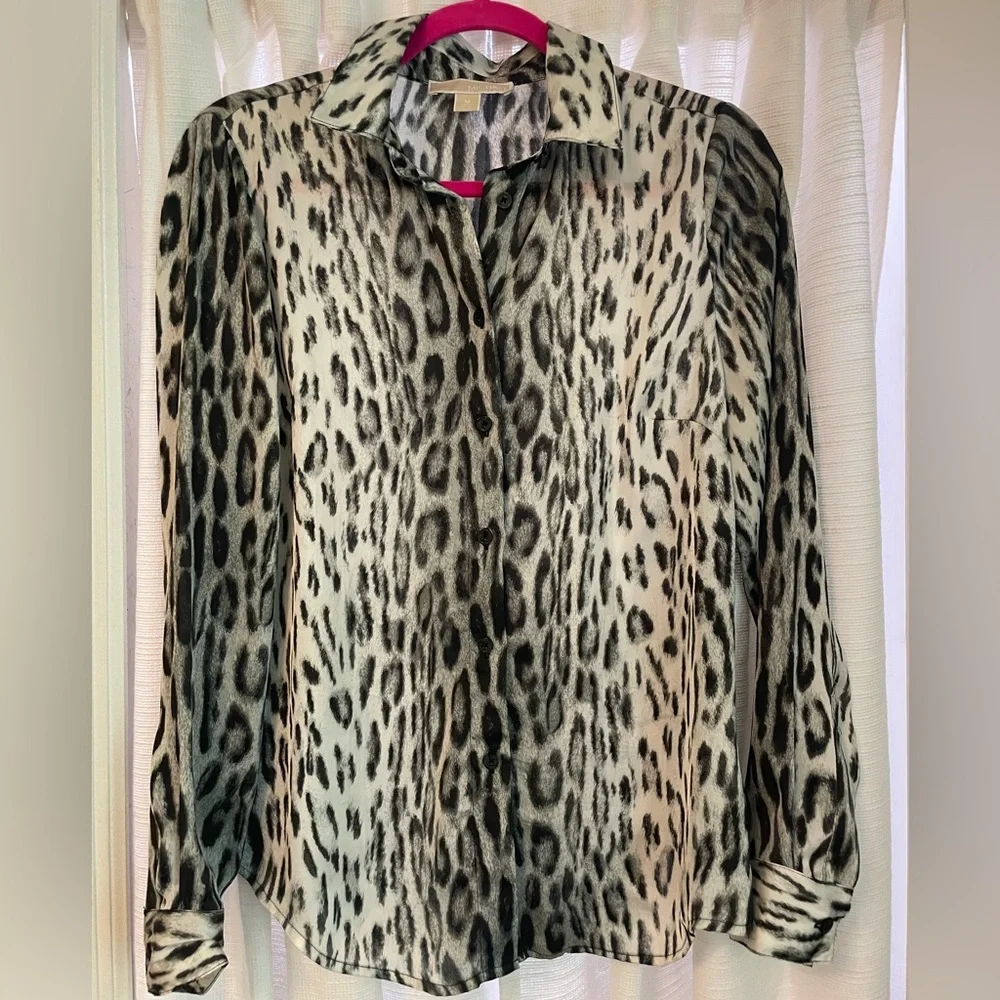 Michael Kors Leopard Print Button-Down Blouse - Black & Cream